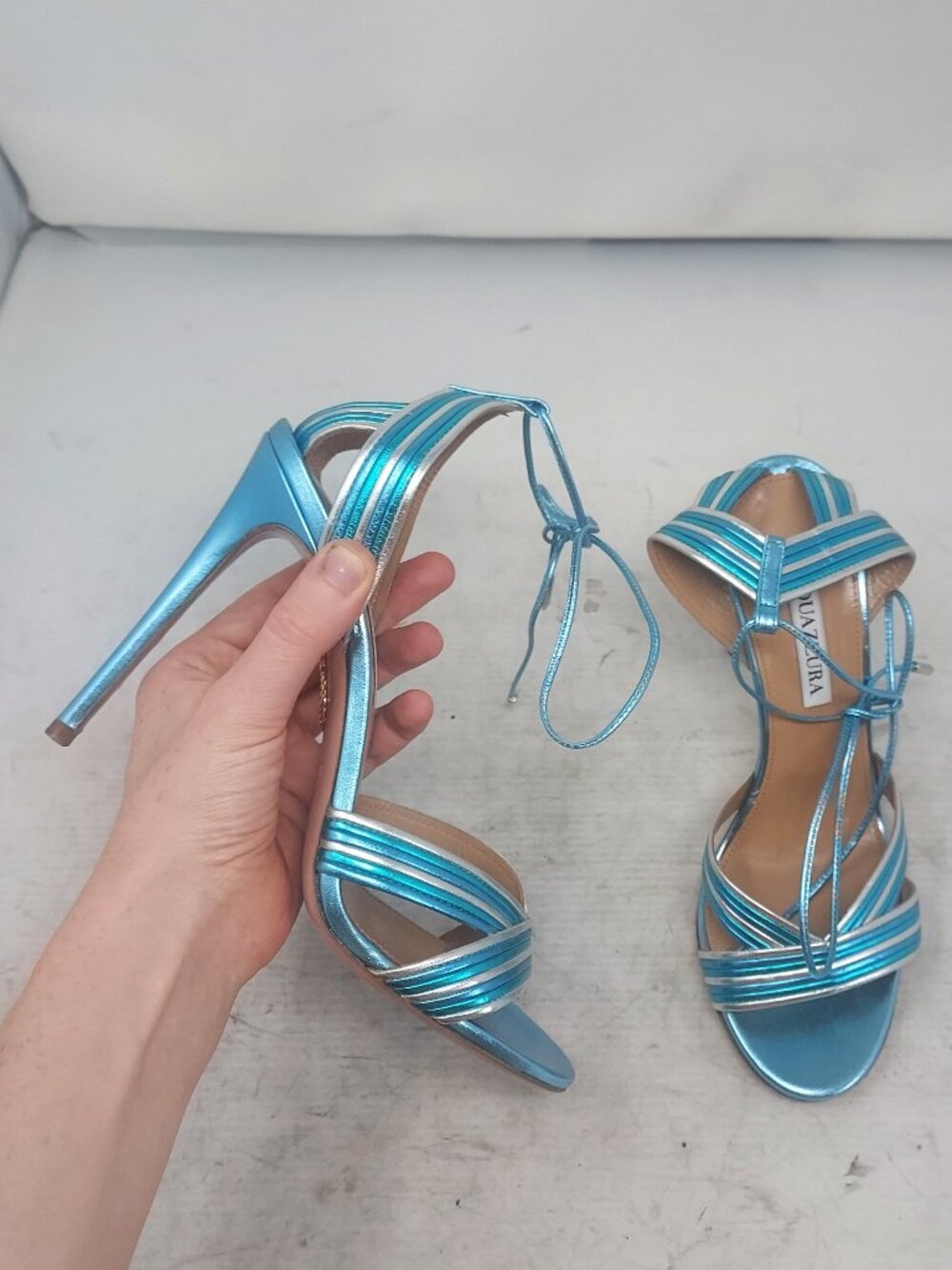 Aquazzura Ari Metallic Blue Silver Ankle-Tie Sandal